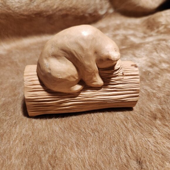 Hand-Carved Wooden Bear On Log Figurine Signed Rustic Whimsy Cottage Cabin - Picture 6 of 7